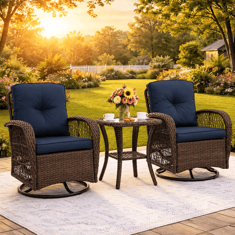Seizeen 3PCS Balcony Furniture, 360° Swivel Rocking Porch Furniture Set of 2, Outdoor Small Patio Conversation Set Bistro Table and Chairs for Lawn Garden