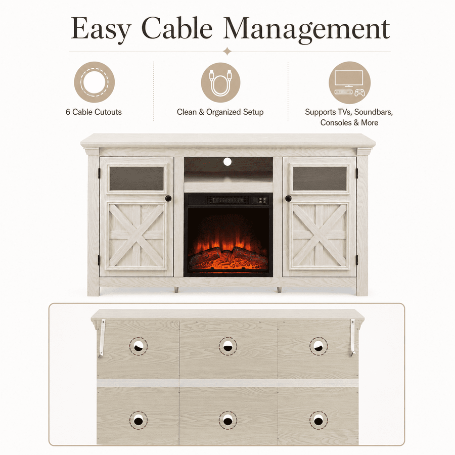 Seizeen Fireplace TV Stand for 60'' TV, 55''L Entertainment Center TV Cabinet, Farmhouse Media Console W/Large Storage, Remote Control for Fireplace, Infrared Heater & Virtual Flame, Gray Wash