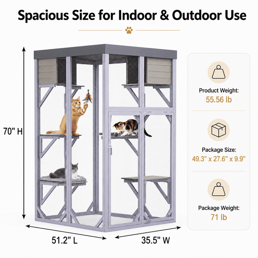Outdoor Wooden Catio, 70 in Tall Cat Enclosure with 4 Platforms, 2 Napping Houses, Detachable Waterproof Cover and Galvanized Wire, for Indoor Outdoor Use