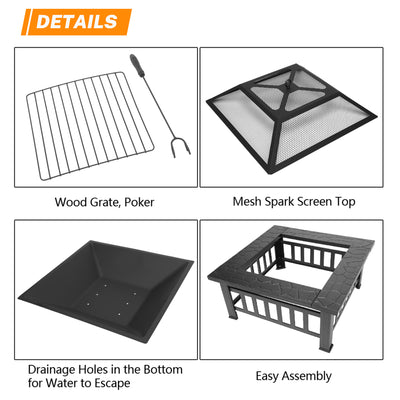 32'' Multipurpose Fire Pit, Outdoor Fire Pit Table for Net Lid/Poker, Square Bronze Firepit Stove for Outside Camping Backyard Bonfire