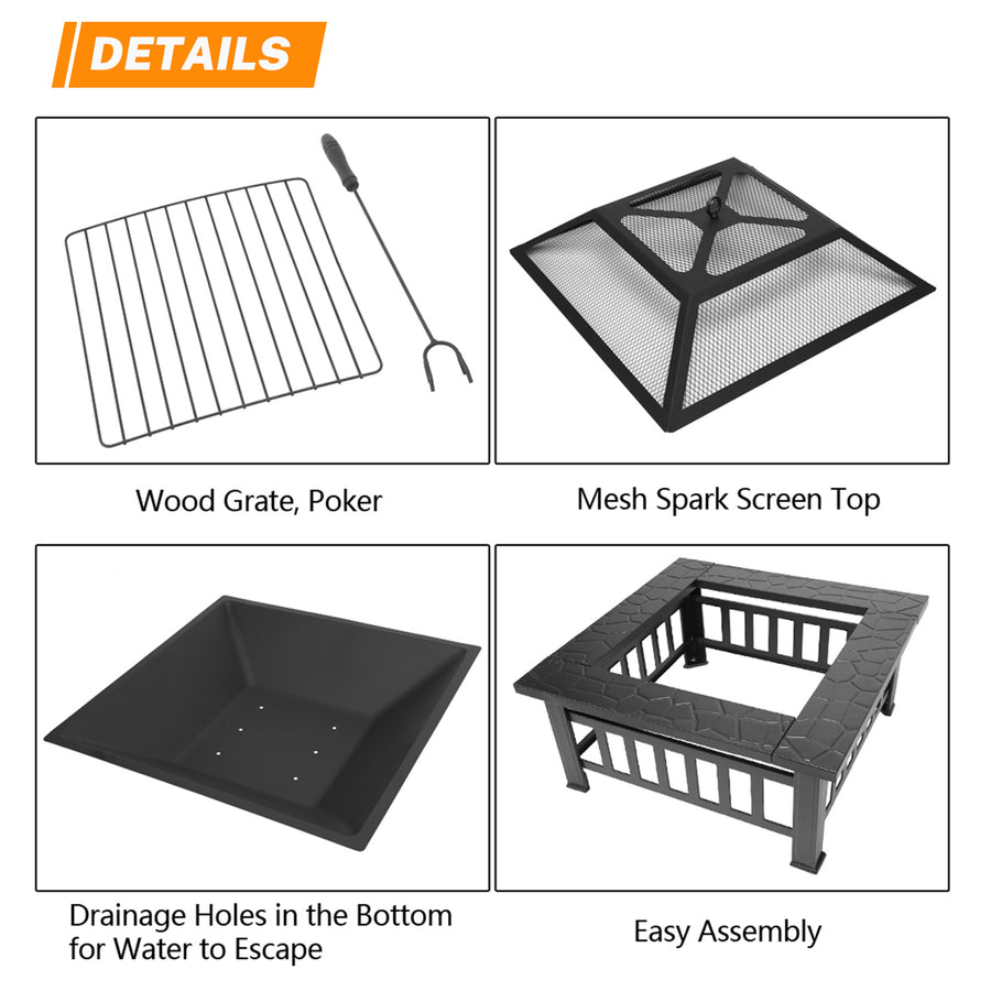 32'' Multipurpose Fire Pit, Outdoor Fire Pit Table for Net Lid/Poker, Square Bronze Firepit Stove for Outside Camping Backyard Bonfire