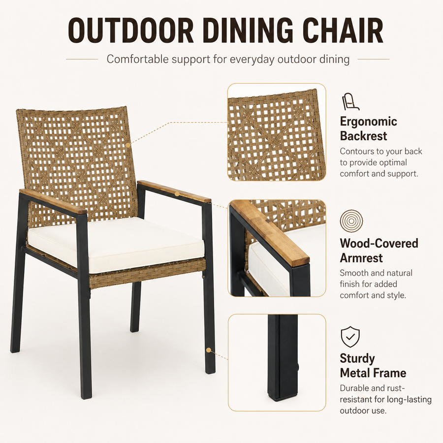 Seizeen 5-Piece Patio Dining Set, Outdoor Dining Table and Chairs with Acacia Wood Tabletop, Umbrella Hole, PE Rattan Armchairs with Beige Cushions, Patio Conversation Set for Garden, Backyard, Deck