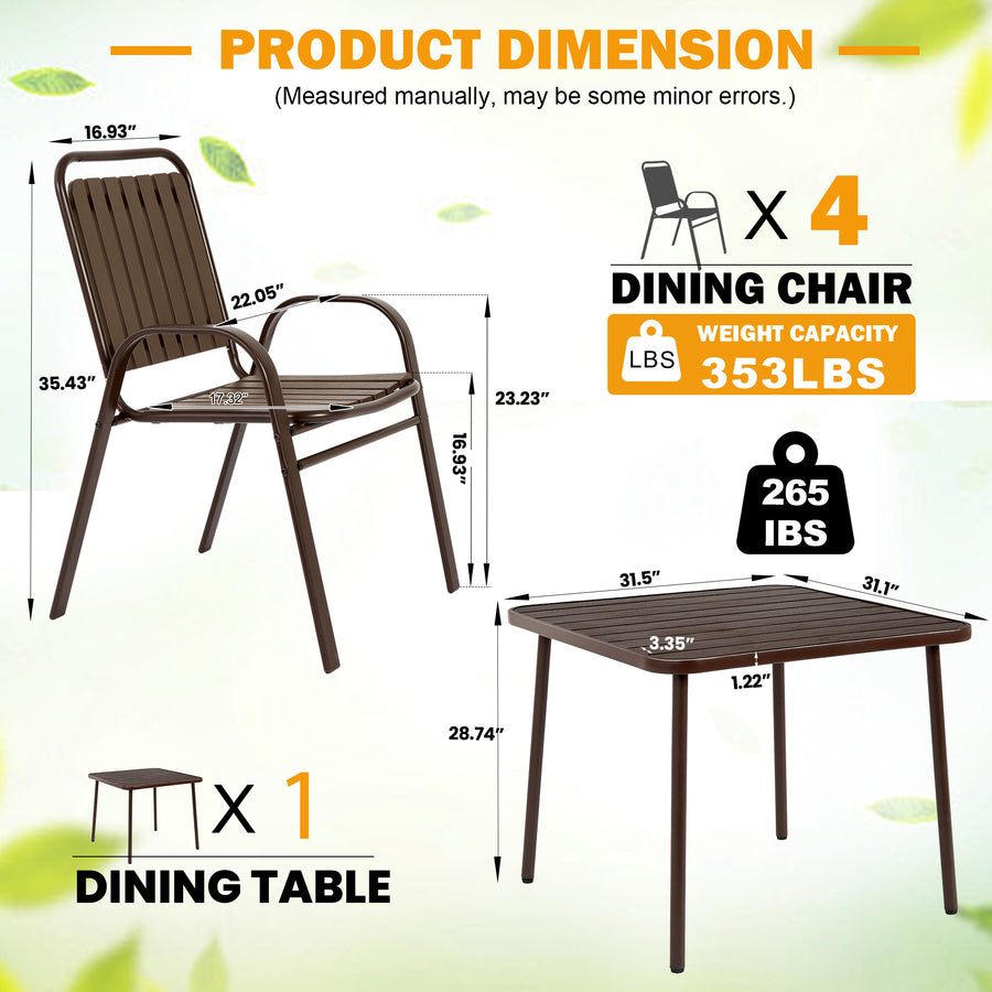 Patio Furniture Set, 5-piece Outdoor Dining Set Wood Grain Top, Plastic Patio Table and Chairs for Deck Yard Balcony Porch, All-weather Steel Frame, 4-person Dining Set for Indoor Outdoor, Brown