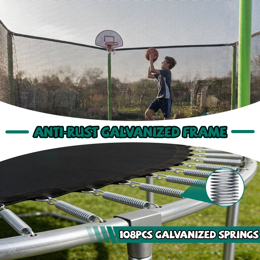 16FT Kids Trampoline with Hoop - Outdoor Trampoline W/Enclosure Net & Ladder, XXL Round Trampolines with Steel Support, Max Weight Capacity 1320LBS