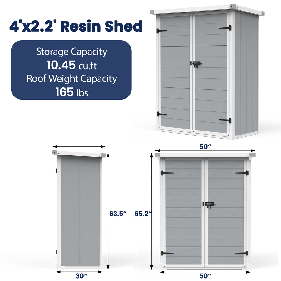 Shed, 4.4x2.2FT Outdoor Storage Shed, Patio Tool Storage Cabinet with 2-layer Foldable Shelf, Lockable Plastic Resin Shed with Floor for Garden Pool