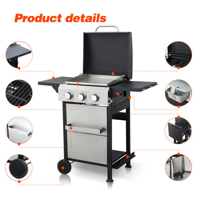 36900BTU Gas Propane Grill, 2-IN-1 Combo Grill Propane Gribble w/ Foldable Side Table, Outdoor BBQ Grill with Stainless Steel Plate, Hanging Basket