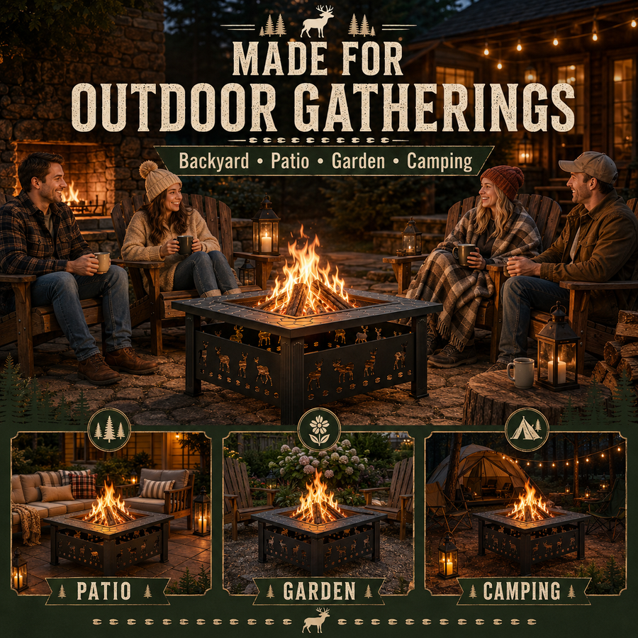 32 Inch Wood Burning Fire Pit for Outside, Square Outdoor Fire Pit Table with Spark Screen & Fire Poker, Heavy Duty Wrought Iron Firepit for Backyard, Patio, Garden & Camping