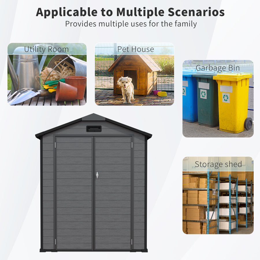 6x6FT Outdoor Storage Shed, Plastic Resin Shed w/Floor and Window, Lockable Tool Bike Garden Patio Large Storage with Sloped Top, Drainage Holes, 30MPH Wind Resistance