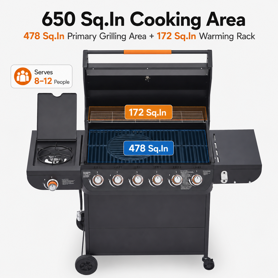 Seizeen 72,000 BTU Powerful Gas Grill, 6-Burner Propane BBQ Grill with Side Burner, w/Cast Iron Grates, Warming Rack, Thermometer