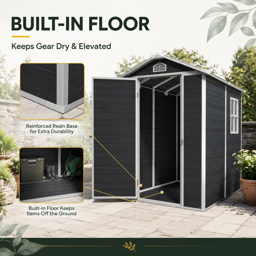 Seizeen 4 x 6 FT Plastic Storage Shed with Floor, Sloped Roof Outdoor Resin Shed with Window & Vents, Lockable Garden Tool Shed for Backyard Patio Lawn, Black