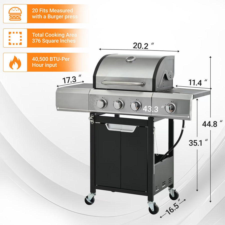 3-Burner Propane Gas Grill with Side Burner, 40,500 BTU Stainless Steel Outdoor BBQ Grill, 465 Sq. In. Cooking Area, Electronic Ignition and Side Table for Patio Backyard