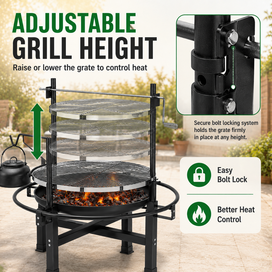 Seizeen Wood Fire Pit, 33'' Round Charcoal Grill Firepit Combo, Outdoor Iron BBQ Grill with Adjustable Cooking Grate, Portable Camping Grill & Outdoor Fireplace for Backyard Patio Picnic