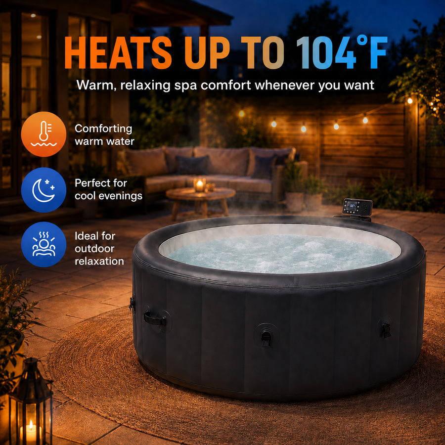 85" Inflatable Hot Tub for 4-6 Persons, Portable Outdoor Spa Tub with 150+ Air Jets, 104°F Heating, 6-Color Ambient LED Lights, Bubble Massage, One-Touch Inflation, Filter System, Cover & Floor Mat