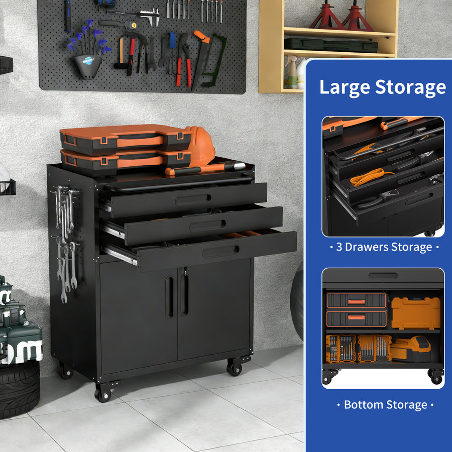 34.3" Rolling Metal Tool Cabinet - Heavy Duty Garage Storage with Lockable Doors & 3 Drawers, Mobile Workbench Organizer for Garage, Workshop, Home