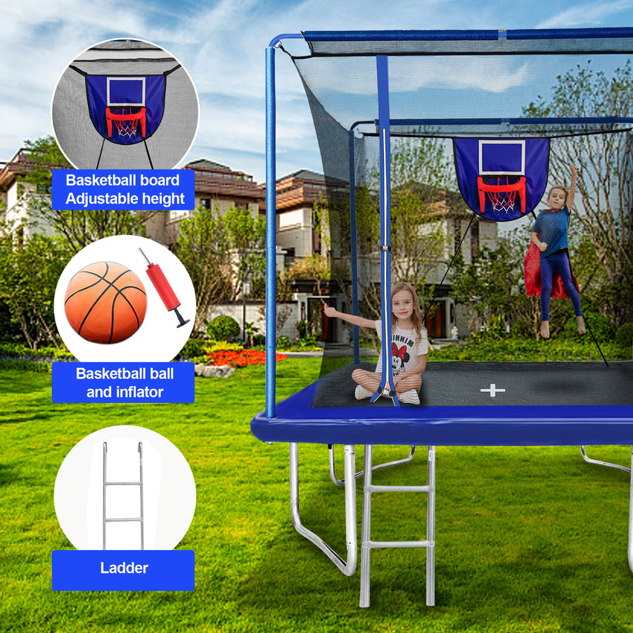 2-IN-1 Rectangle Trampoline with Enclosure Net, 8x12FT Extra Large Kids Adult Trampoline Heavy-Duty Supports, Upgraded Trampoline W/Basketball Hoop, Soccer Target, Shoe Bag, Ladder
