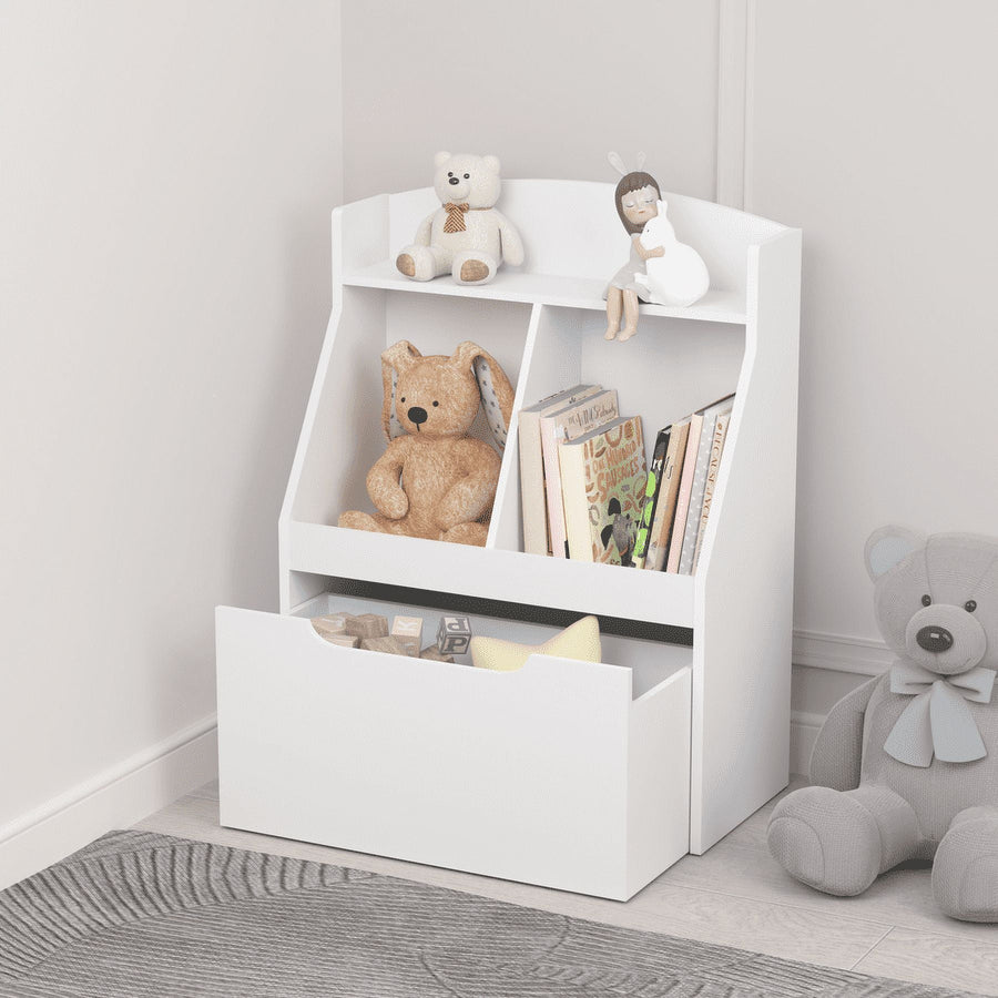 Kids Bookshelf with Toy Box, Seizeen Wooden Book Rack for Kids, 4-Tier Book Storage Star Cloth Bags, Library Kids Room Storage Cabinet Organizer for Book, White