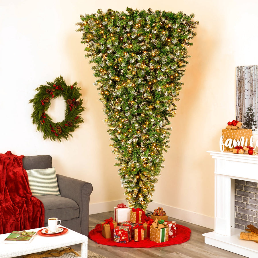 7.4FT Christmas Trees with Lights, Seizeen Lighted Upside Down Artificial Christmas Trees, Prelit Xmas Trees with 400 Lights, DIY Quick Assembly Artificial Trees with 1200 Tips, 8 Light Modes, Green
