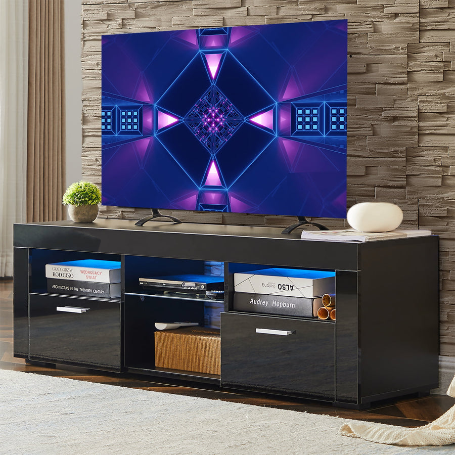 Black TV Stand for 55 Inch TV, Entertainment Center with Led Light, TV Console Cabinet Table for Living Room Gaming Room Bedroom