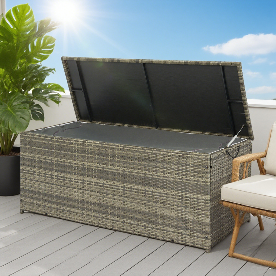 Seizeen Rattan Outdoor Storage Box, XL Wicker Deck Box & Cushion Storage Container, Waterproof Pool Box for Pool Accessories, 113 Gallon Patio Storage Box W/Inner Liner, Grey