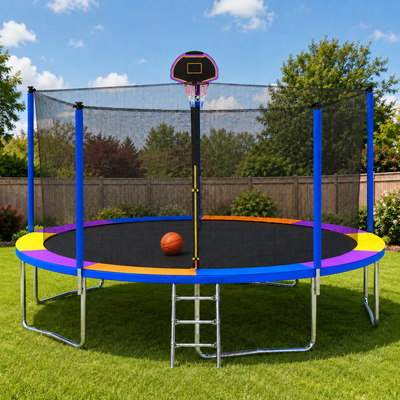 Outdoor Trampoline for Kids, Seizeen 12FT Kids Trampoline W/ Enclosure Net, Heavy-duty Rebounder Trampoline with Basketball Hoop, Ladder, Upgraded 4-W Support