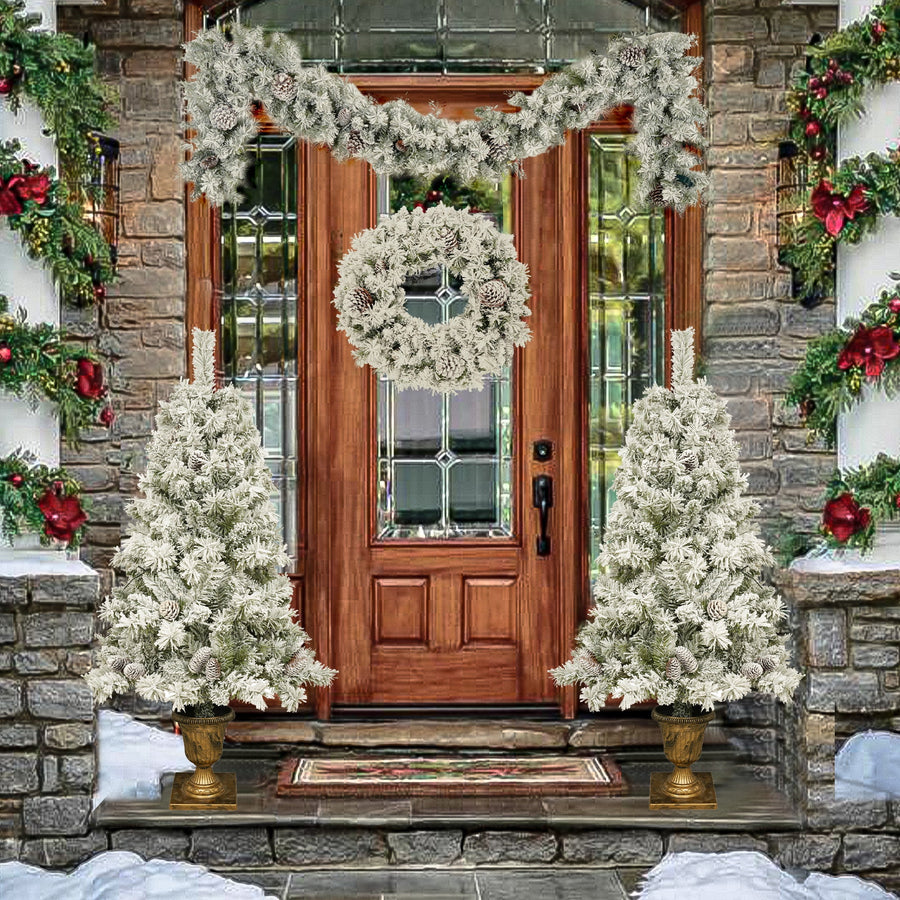 Seizeen Christmas Decoration Set for Door, 4-Piece Christmas Garland & Wreath Entrance Trees, Pre-lit Xmas Artificial Tree Set for Outdoor Indoor Home Decor, with Warm Lights