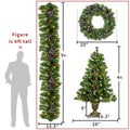 3pcs Pre-lit Christmas Decoration Set, 2 Packs 4''Christmas Entrance Trees and 9' Garland, Green Artificial Xmas Decorative Set for Door Fireplace W/Warm Lights
