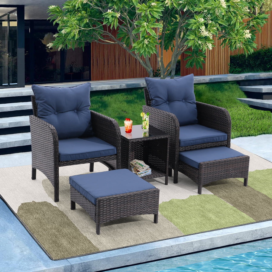 5 Piece Patio Furniture Sets, Outdoor Rattan Chairs Set with Ottomans, Cushioned Porch Balcony Conversation Sets with Storage Coffee Table, Navy