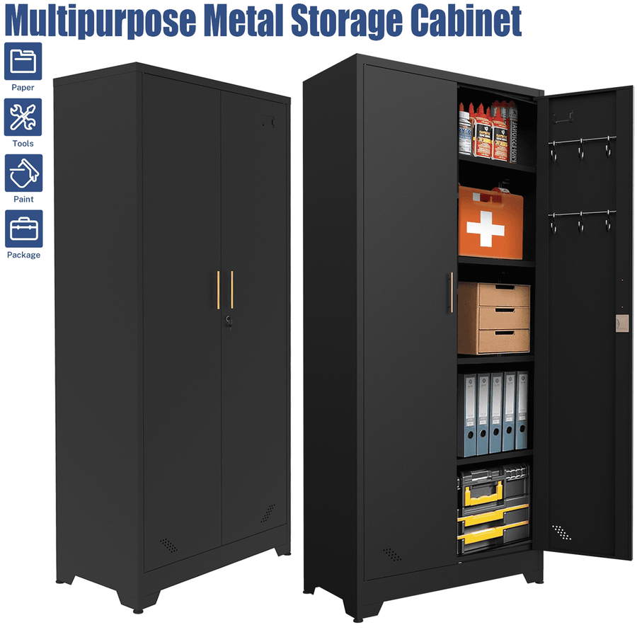 Metal Storage Cabinet for Indoor, Seizeen 5-Tier File Cabinet Tool Storage with Locking Door and Adjustable Shelves, Black Heavy-Duty Garage Cabinet for Home, School, Office, 73'' Tall