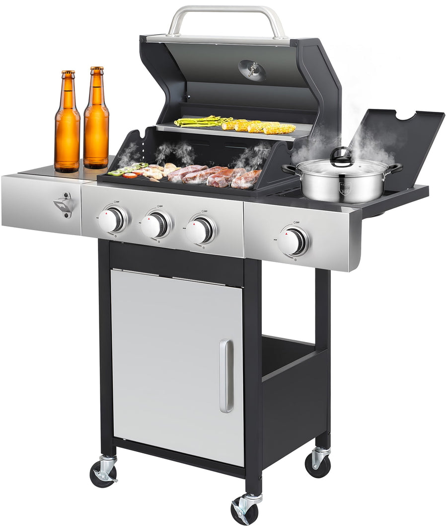 37230BTU Propane Barbecue Grill, 3-Burner Gas Grill with Side Burner 37230BTU Output, Portable Outdoor Grill with Lockable Wheels, 2 Cooking Areas, Bottle Opener, Thermometer