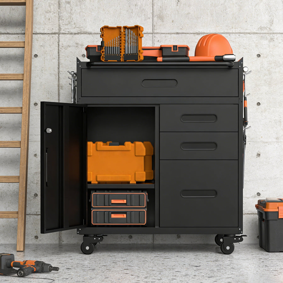Seizeen Tool Chest, Rolling Tool Storage Box with Wheels, Lockable Garage Tool Cabinet Organizer, Steel Utility Cabinet with Side Pegboards for Workshop Home