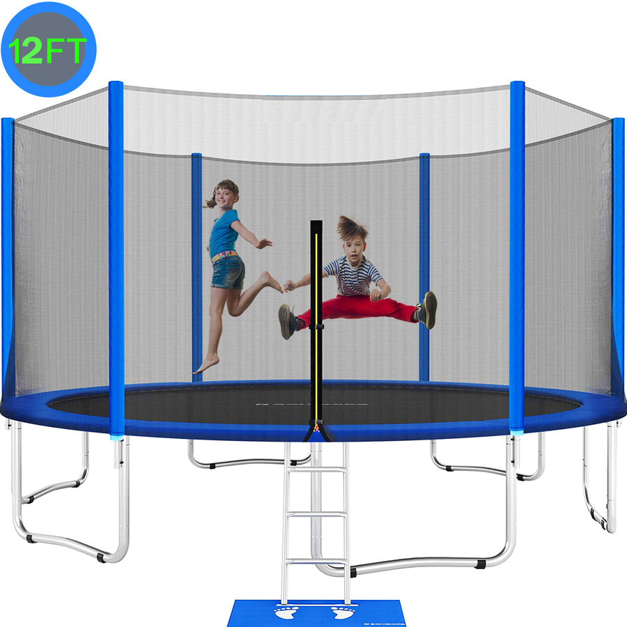 12FT Trampoline with Enclosure, Seizeen Large Trampoline for Kids Outdoor Play, All-Weather Trampoline W/ Thickened Enclosure Net & Foot Pad, Round Trampolines Bears 4-6 Kids, Blue