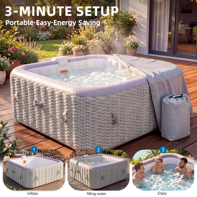 Seizeen 4-6 Persons Inflatable Hot Tub, 73in Square Hot Tub with Built-in Pump, Woven Pattern Home Spa with 130pcs Jets, Lockable Cover, 2 Cup Holders, 4 Filters Rapid Heating up to 104°F