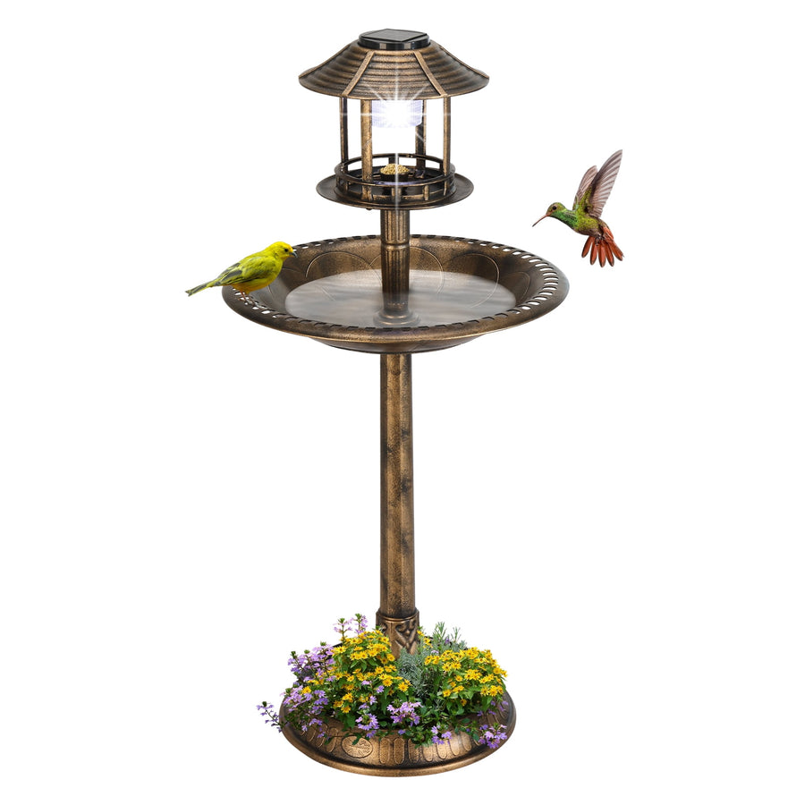 Bird Bath with Bird Feeder, Seizeen Outdoor Bird Baths with Solar Light & Base Planter, Round Birdbaths as Garden Decor, 42''H, Bronze