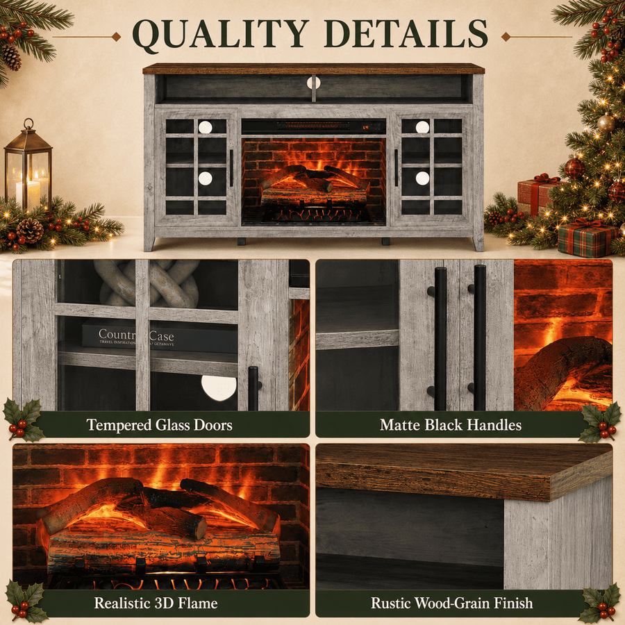 Seizeen Fireplace TV Stand for 60'' TV, 55''L Entertainment Center TV Cabinet, Farmhouse Media Console W/Large Storage, Remote Control for Fireplace, Infrared Heater & Virtual Flame, Gray Wash