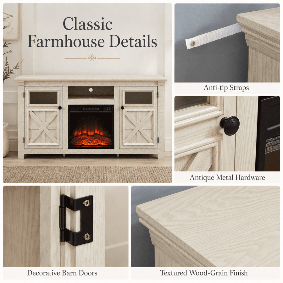 Seizeen Fireplace TV Stand for 60'' TV, 55''L Entertainment Center TV Cabinet, Farmhouse Media Console W/Large Storage, Remote Control for Fireplace, Infrared Heater & Virtual Flame, Gray Wash