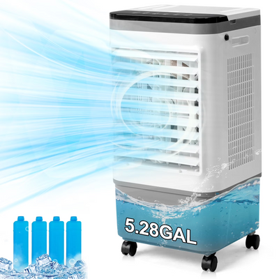 3-IN-1 Portable Evaporative Air Cooler with Remote, 5.28 Gal Water Tank, 461 CFM Indoor Outdoor Swamp Cooler Fan with 4 Ice Packs, 12H Timer, 3 Speeds, 40° Oscillation, Copper Motor, Gray & White