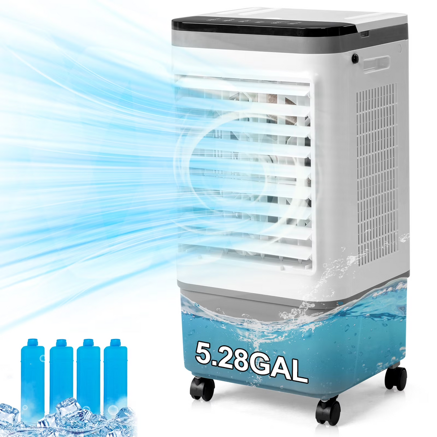 3-IN-1 Portable Evaporative Air Cooler with Remote, 5.28 Gal Water Tank, 461 CFM Indoor Outdoor Swamp Cooler Fan with 4 Ice Packs, 12H Timer, 3 Speeds, 40° Oscillation, Copper Motor, Gray & White