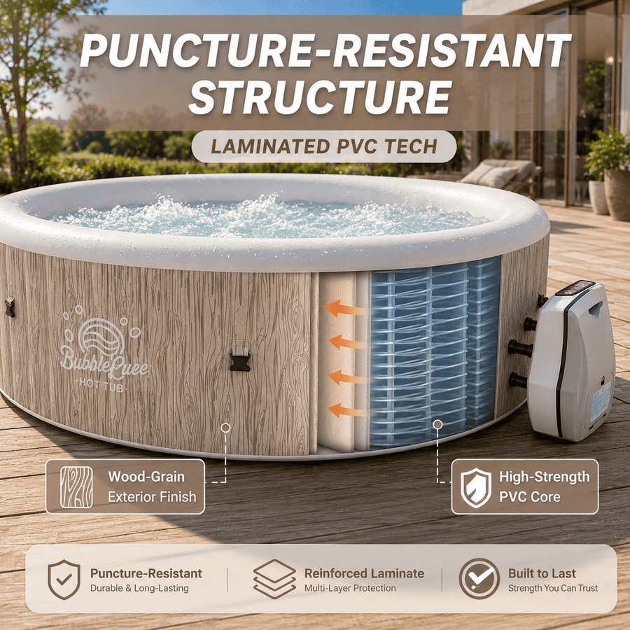 Seizeen 6 Person Inflatable Hot Tub, 80 Inch Portable Outdoor Spa with 140 Air Jets, 259 Gal Heated Bubble Massage Spa with Cover, Wood Brown