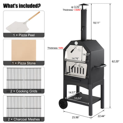 Seizeen Outdoor Pizza Oven, Portable Pizza Oven on Wheels, Wood Burning Pizza Stove, Pizza Stone, Peel, Grids, Grills, Firewood Rack, Patio Camping Garden Use BBQ Accessories