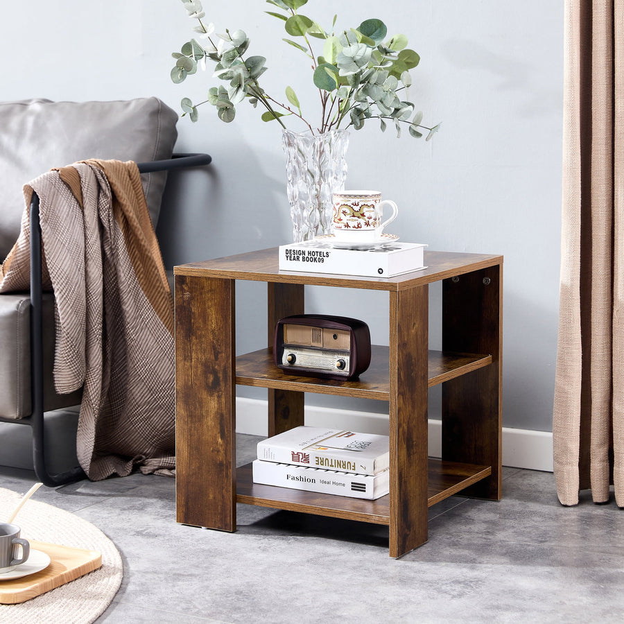 Square Nightstand, Seizeen 3-tier Wood Side End Table with Shelves, Corner Sofa Side Table for Bedroom Living Room, Rustic Brown