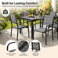 Outdoor Dining Table & Chairs, Patio Dining Sets with 6 Stackable Textilene Armchairs, All-Weather Plastic Furniture Dining Set Steel Frame and Wood Grain Top Table