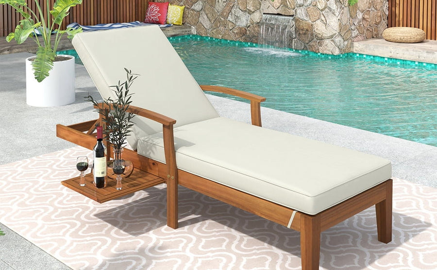 Outdoor Wood Chaise Lounge Chair with Wheels & Sliding Cup Table for Backyard, Garden, Poolside