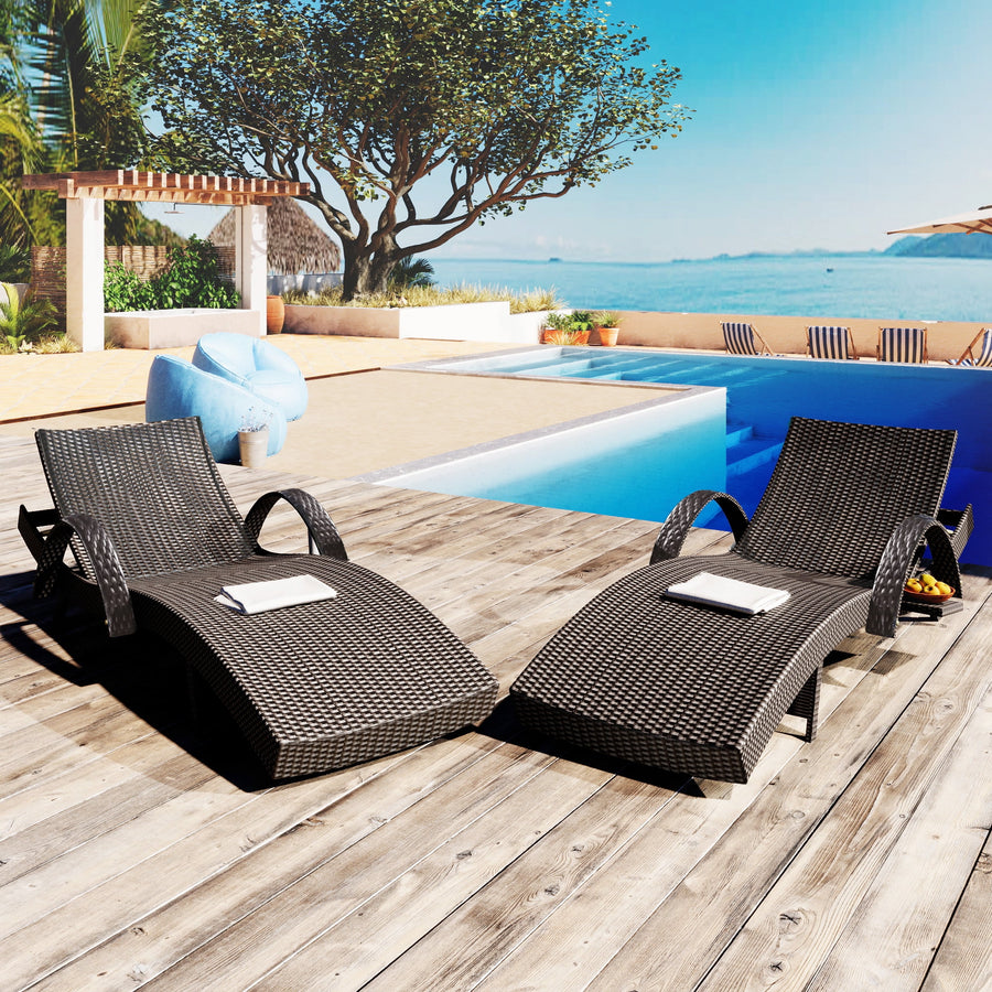 Pool Lounge Chair Set of 2, Outdoor Wicker Rattan Chaise Lounge with Pull-out Side Table, 4-Position Adjustable Backrest Patio Chairs Recliner Lounger, Dark Brown