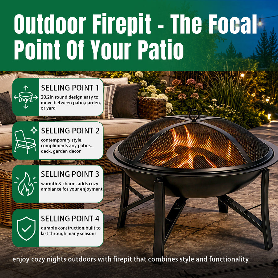 Seizeen 22'' Fire Pit for Outside, Wood-Burning Fire Bowl with Mesh Lid, Fire Poker/Grate, Portable Small Fire Stove for Patio Camp Backyard