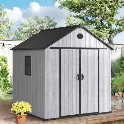 Shed and Outdoor Storage, 7x7ft Waterproof Resin Shed Lockable, Patio Garden Backyard Storage with Floor & Window & Vents, Sloped Roof Design
