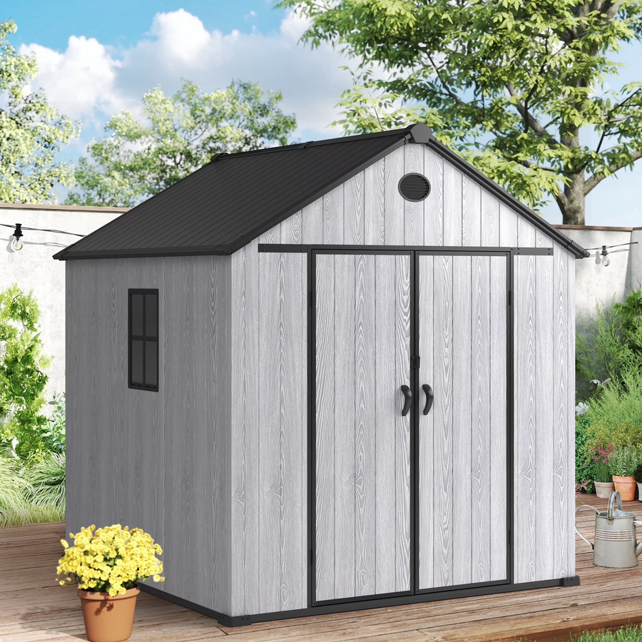 Shed and Outdoor Storage, 7x7ft Waterproof Resin Shed Lockable, Patio Garden Backyard Storage with Floor & Window & Vents, Sloped Roof Design