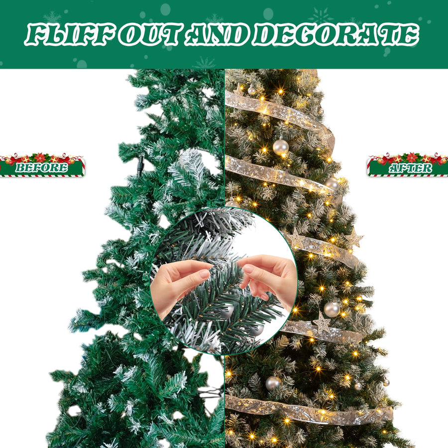 7.5 FT Snow Tipped Artificial Christmas Tree with 350 Warm White LED Lights & Remote, Hinged Xmas Pine Tree with Silver Ribbon Ornaments, Prelit Holiday Tree for Home Office Party Décor