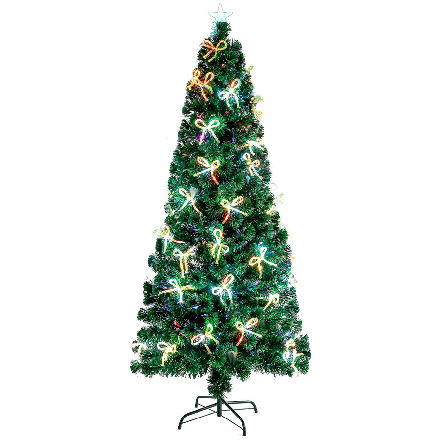 7.5FT Lighted Artificial Christmas Trees, Seizeen Green Lighted Pre-lit Xmas Trees with Colorful Lights & Bow Tie, Indoor Home Room Shop Holiday Decor, 300 Tips