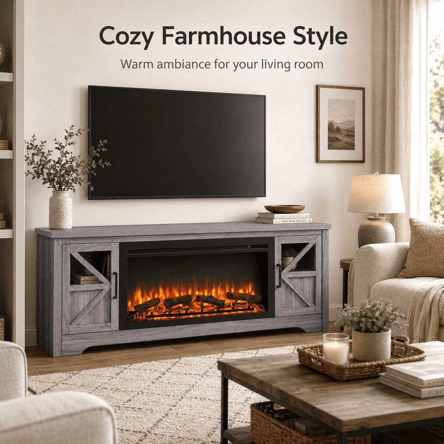 75" Fireplace TV Stand for TVs up to 80", Entertainment Center with 44" Electric Fireplace, 1500W Infrared Quartz Heater, Remote Control and Timer, TV Media Console Cabinet  w/2 Doors & Shelves