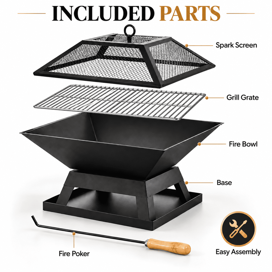 Portable Fire Pit for Outside, Seizeen Wood Burning Fire Pits 19'' Small Size, Square Firepit with Screen Cover, Fire Bowls with Ash Tray, Poker
